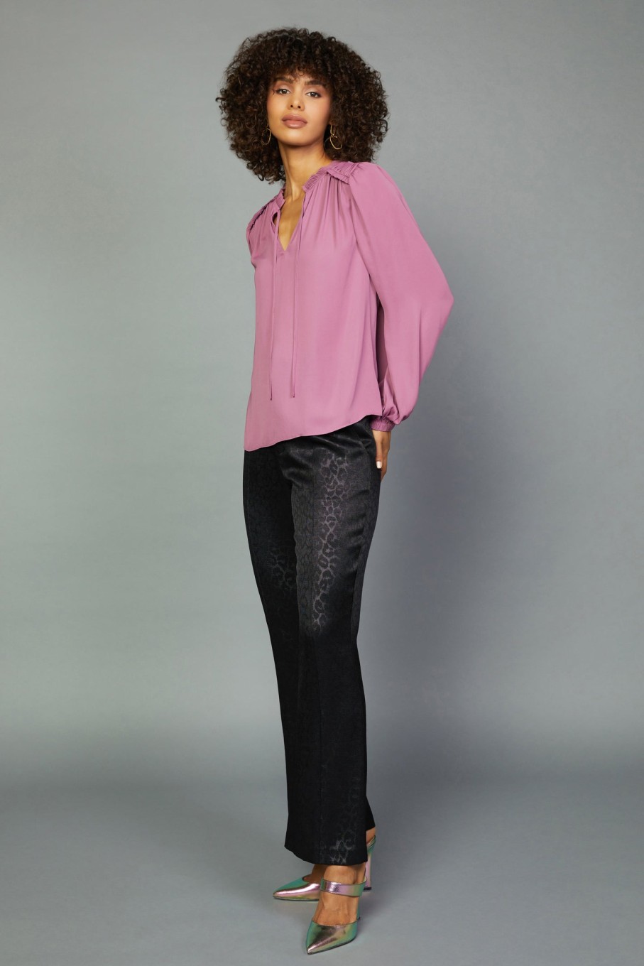 CURRENT AIR Split Neck Blouse Long Sleeve Tops