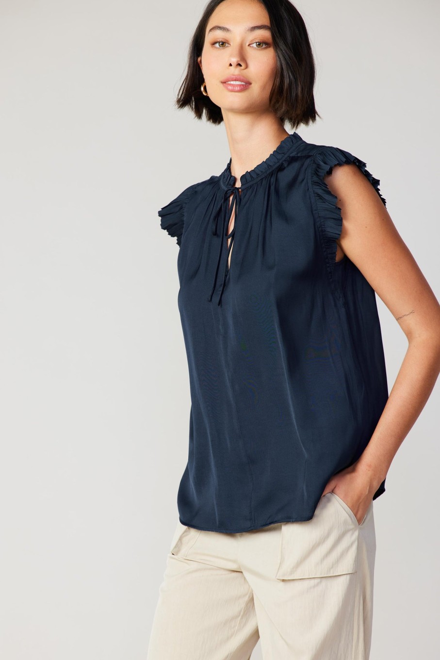 CURRENT AIR Margot Pleated Sleeve Blouse Short Sleeve Tops