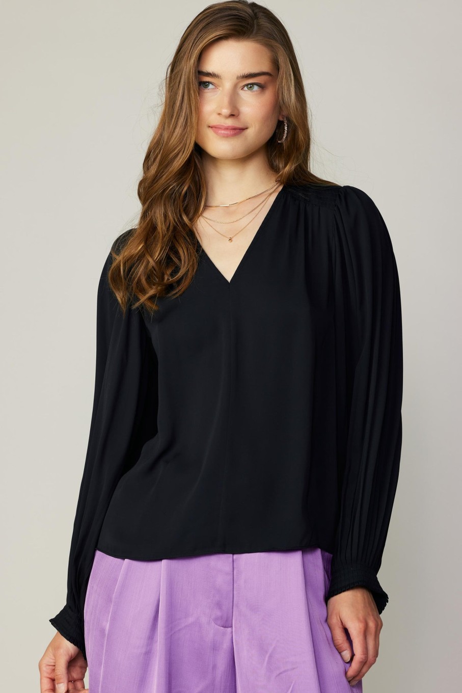 CURRENT AIR Long Pleated Sleeve Blouse Long Sleeve Tops