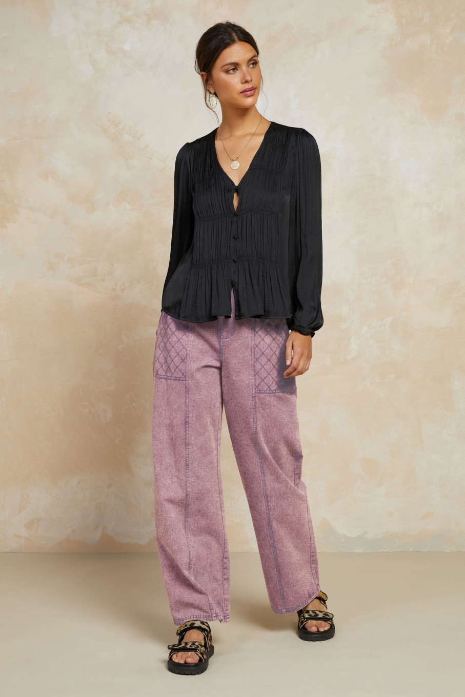 CURRENT AIR Shirred V-Neck Blouse Long Sleeve Tops