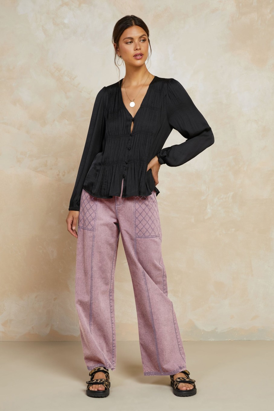 CURRENT AIR Shirred V-Neck Blouse Long Sleeve Tops