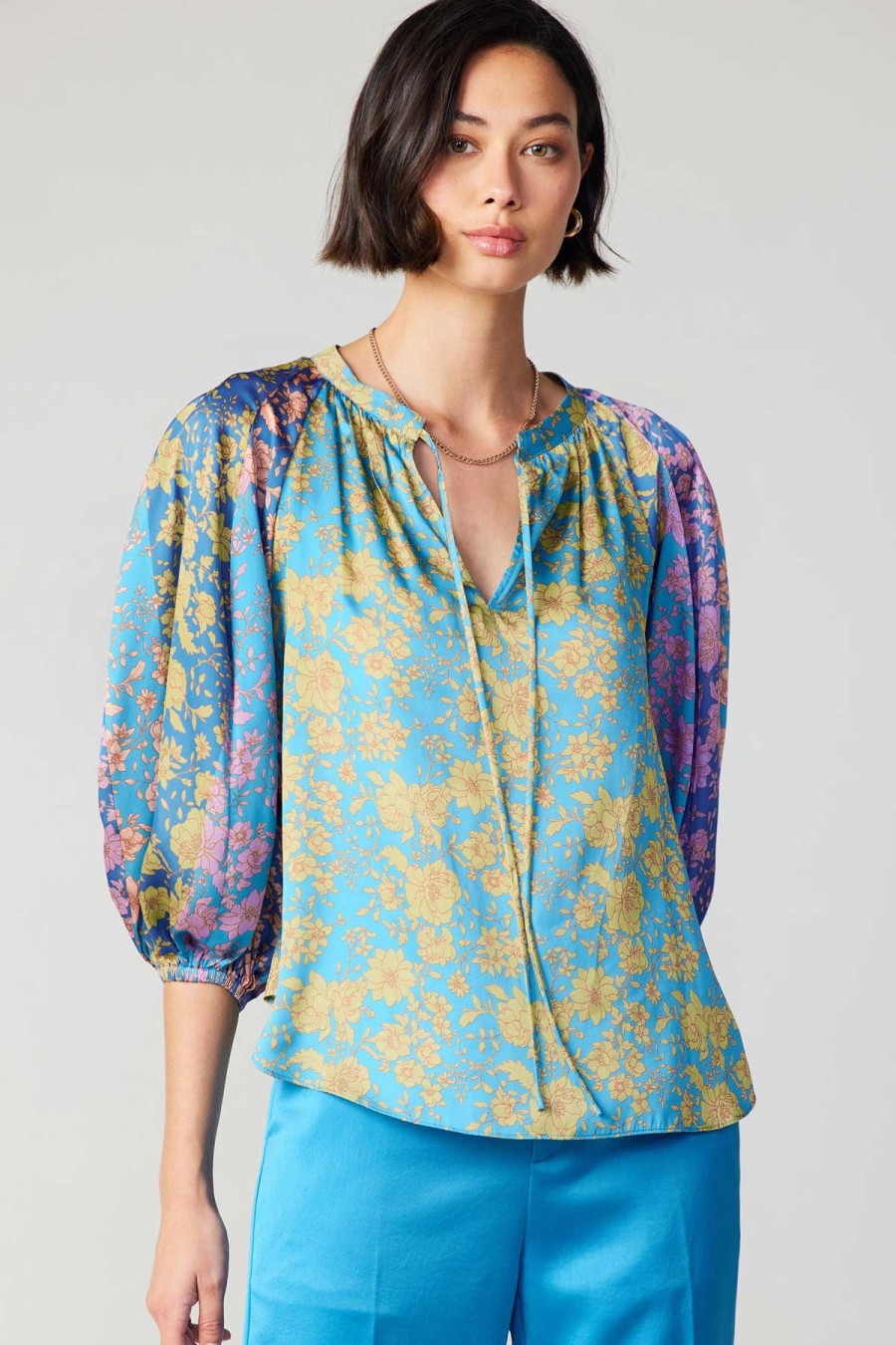 CURRENT AIR Floral Colorblock Cuffed Blouse Blouses