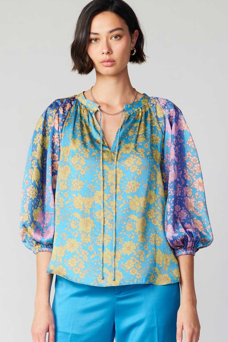 CURRENT AIR Floral Colorblock Cuffed Blouse Blouses