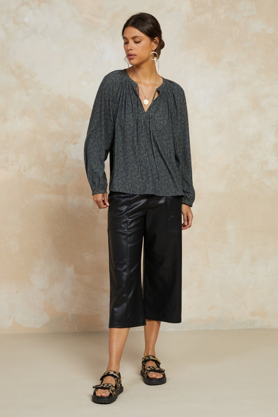 CURRENT AIR Floral Jacquard Split Neck Top Long Sleeve Tops