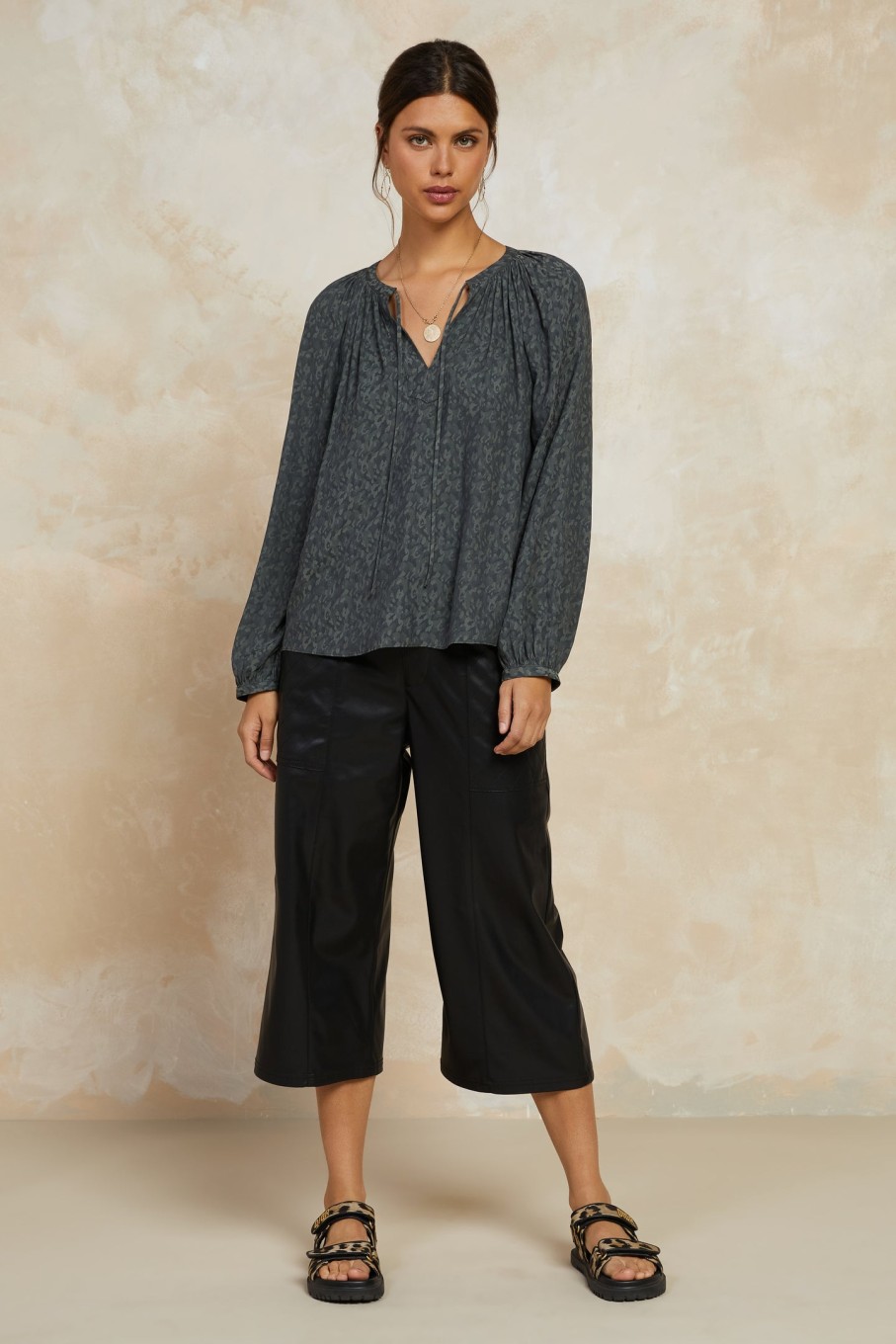 CURRENT AIR Floral Jacquard Split Neck Top Long Sleeve Tops