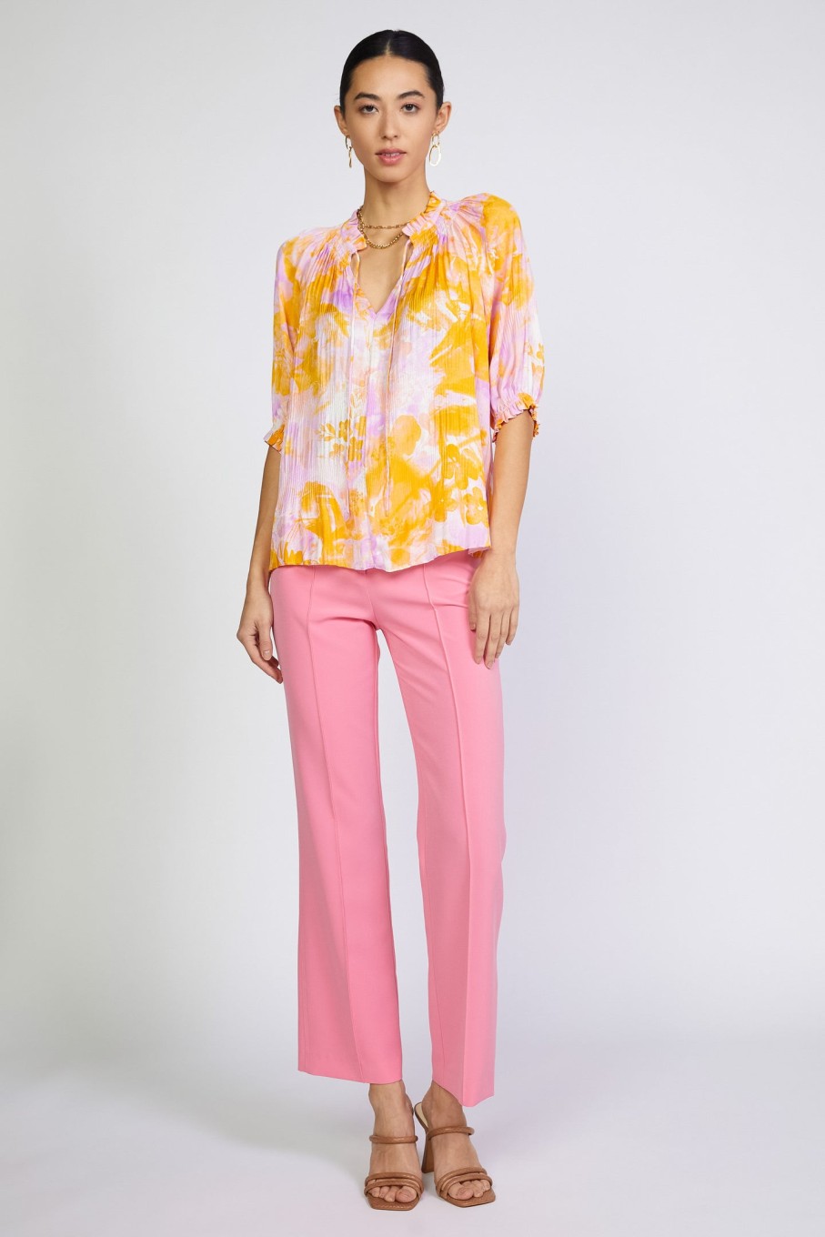 CURRENT AIR Angelica Painterly Floral Blouse Short Sleeve Tops