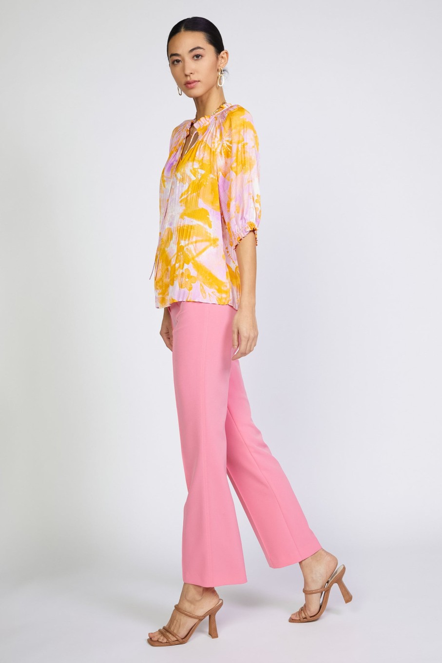 CURRENT AIR Angelica Painterly Floral Blouse Short Sleeve Tops