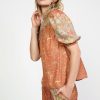 CURRENT AIR Border Print Retro Floral Blouse Short Sleeve Tops
