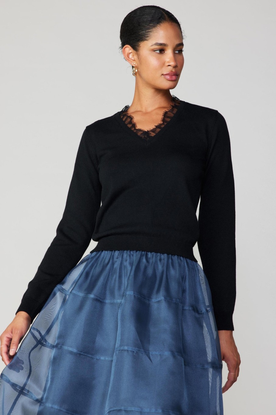 CURRENT AIR Lace Collar Sweater Top Knitwear