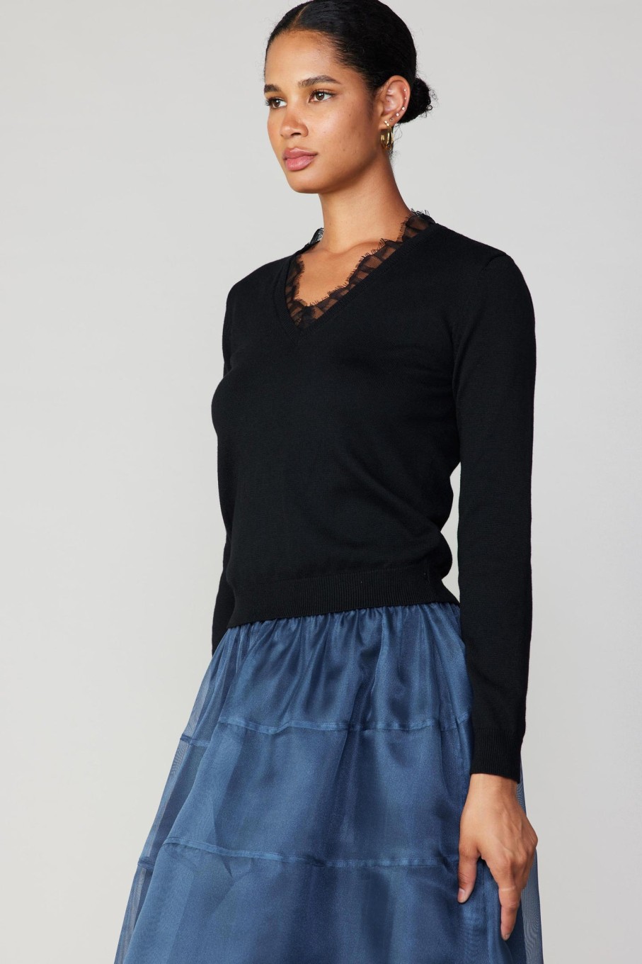 CURRENT AIR Lace Collar Sweater Top Knitwear
