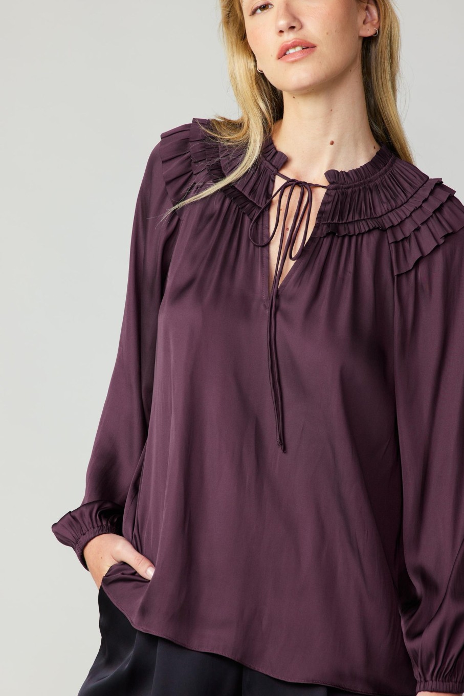 CURRENT AIR Smocked Shoulder Blouse Long Sleeve Tops