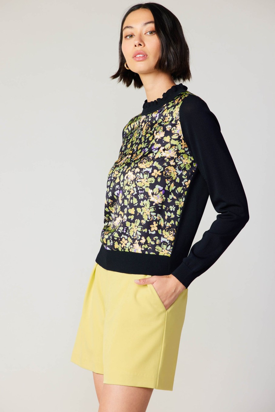 CURRENT AIR Floral Contrast Panel Sweater Long Sleeve Tops