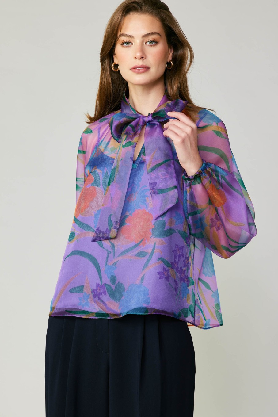 CURRENT AIR Floral Organza Blouse Long Sleeve Tops