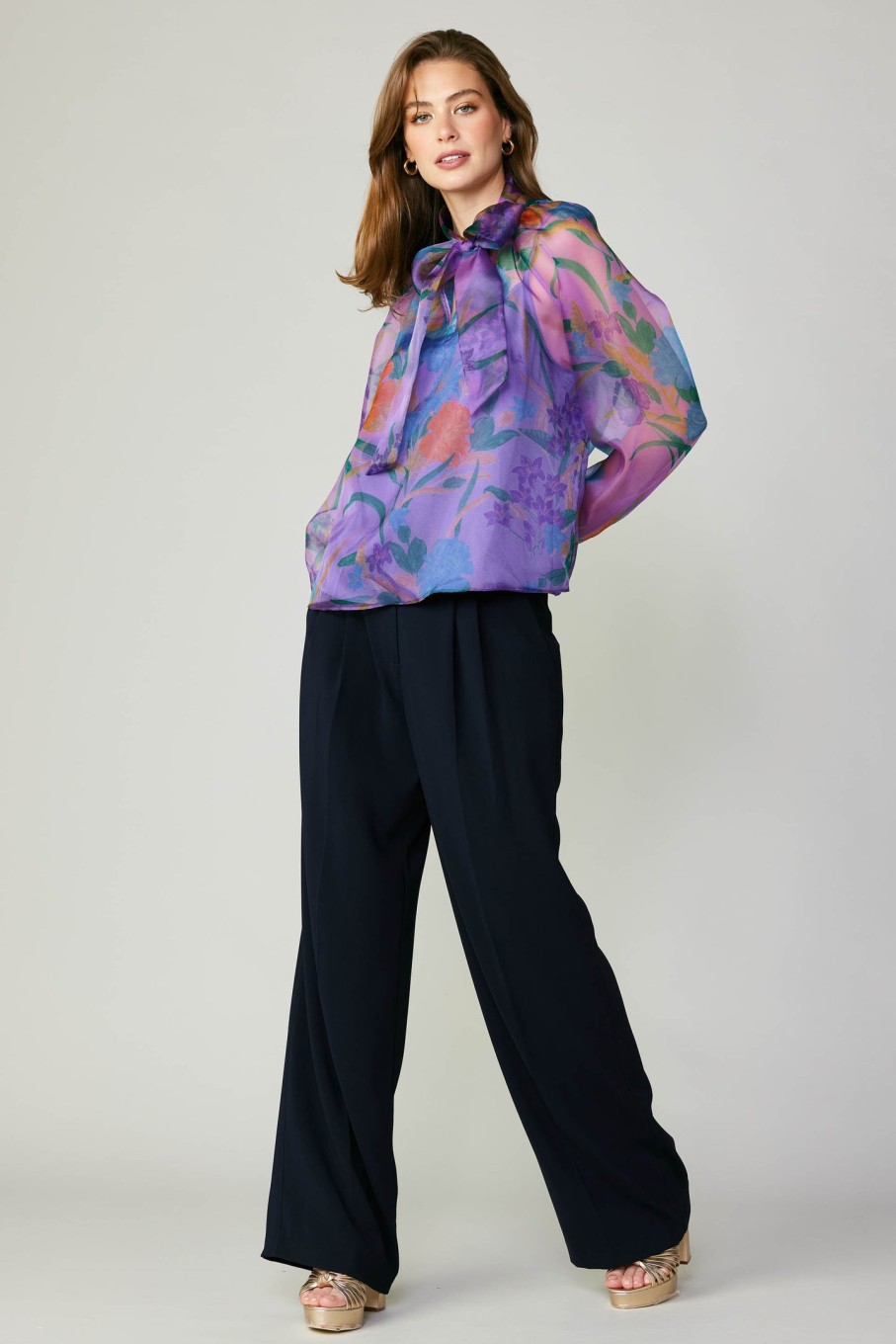 CURRENT AIR Floral Organza Blouse Long Sleeve Tops