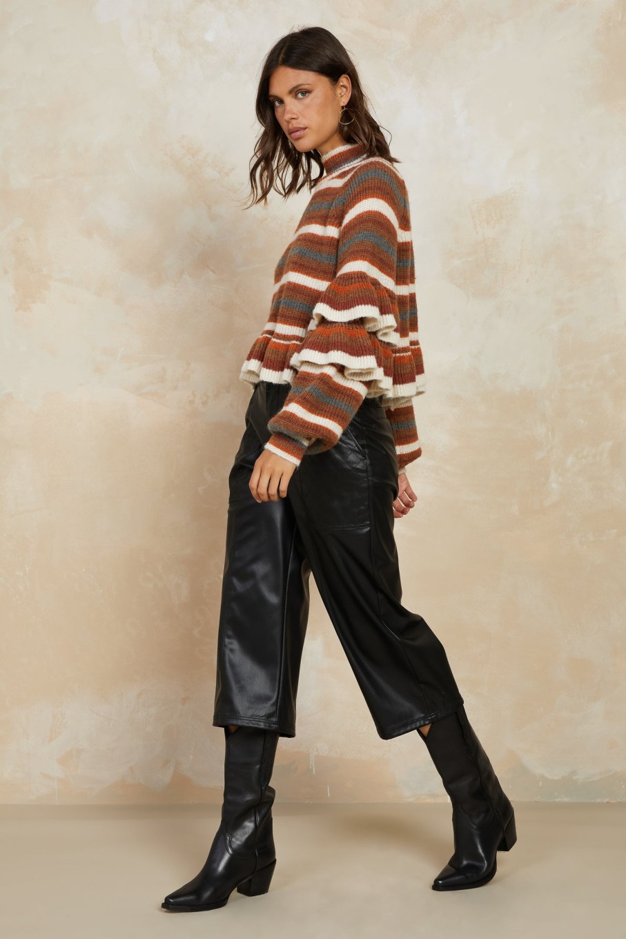CURRENT AIR Striped Ruffled Mock Neck Sweater Sweaters