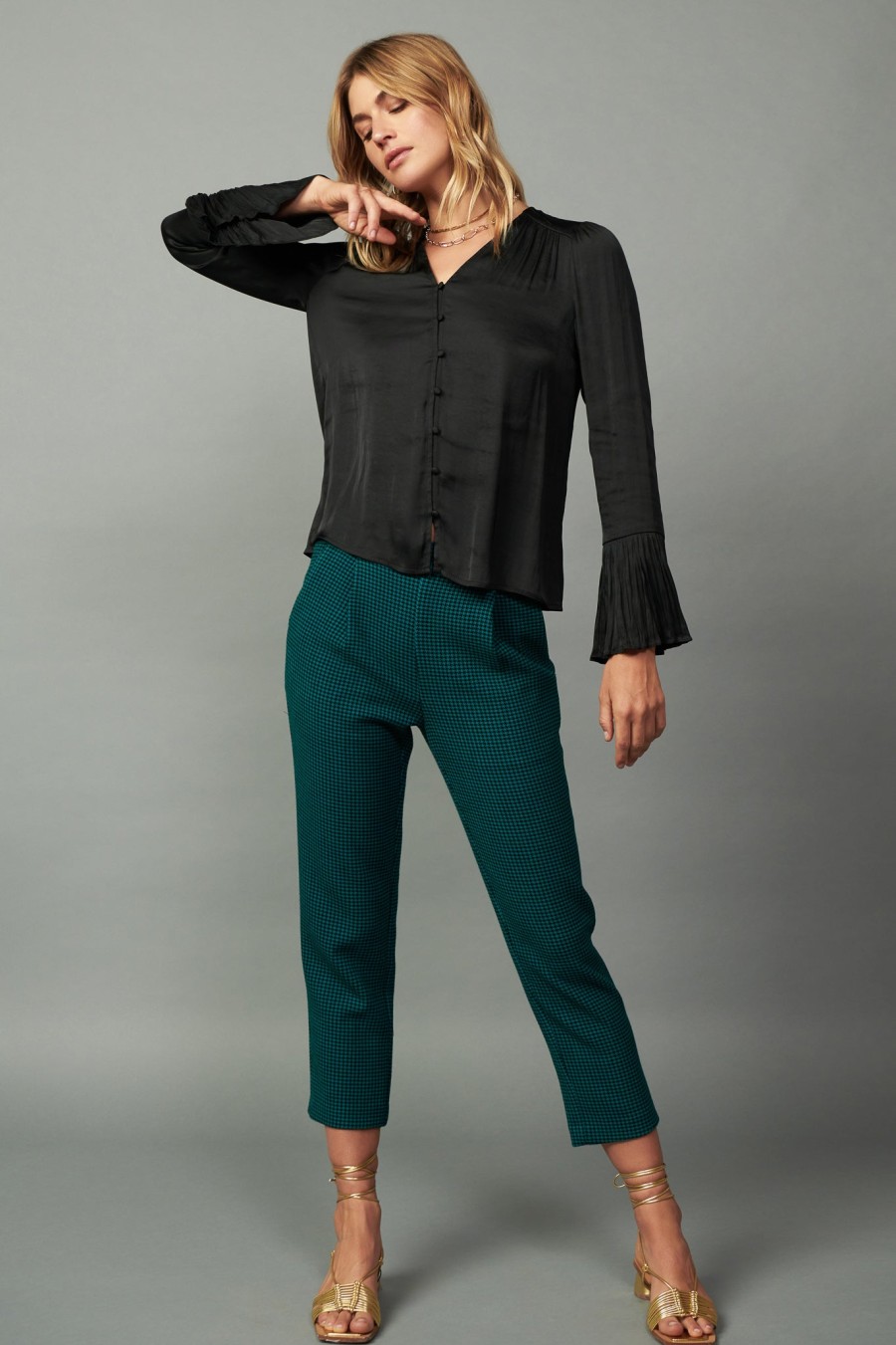 CURRENT AIR Pleated Sleeve Button Blouse Blouses