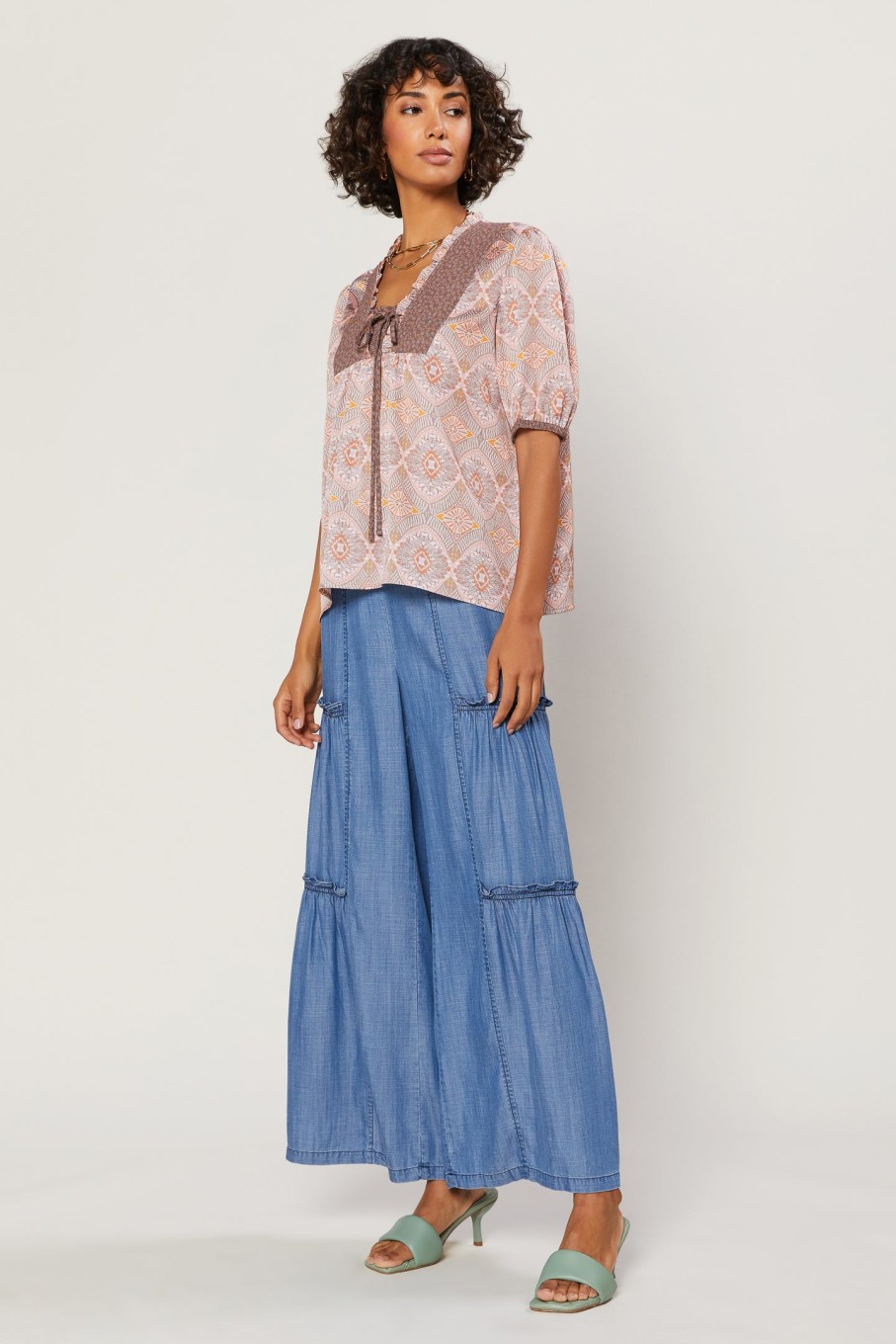 CURRENT AIR Quilt Contrast Motif Top Short Sleeve Tops