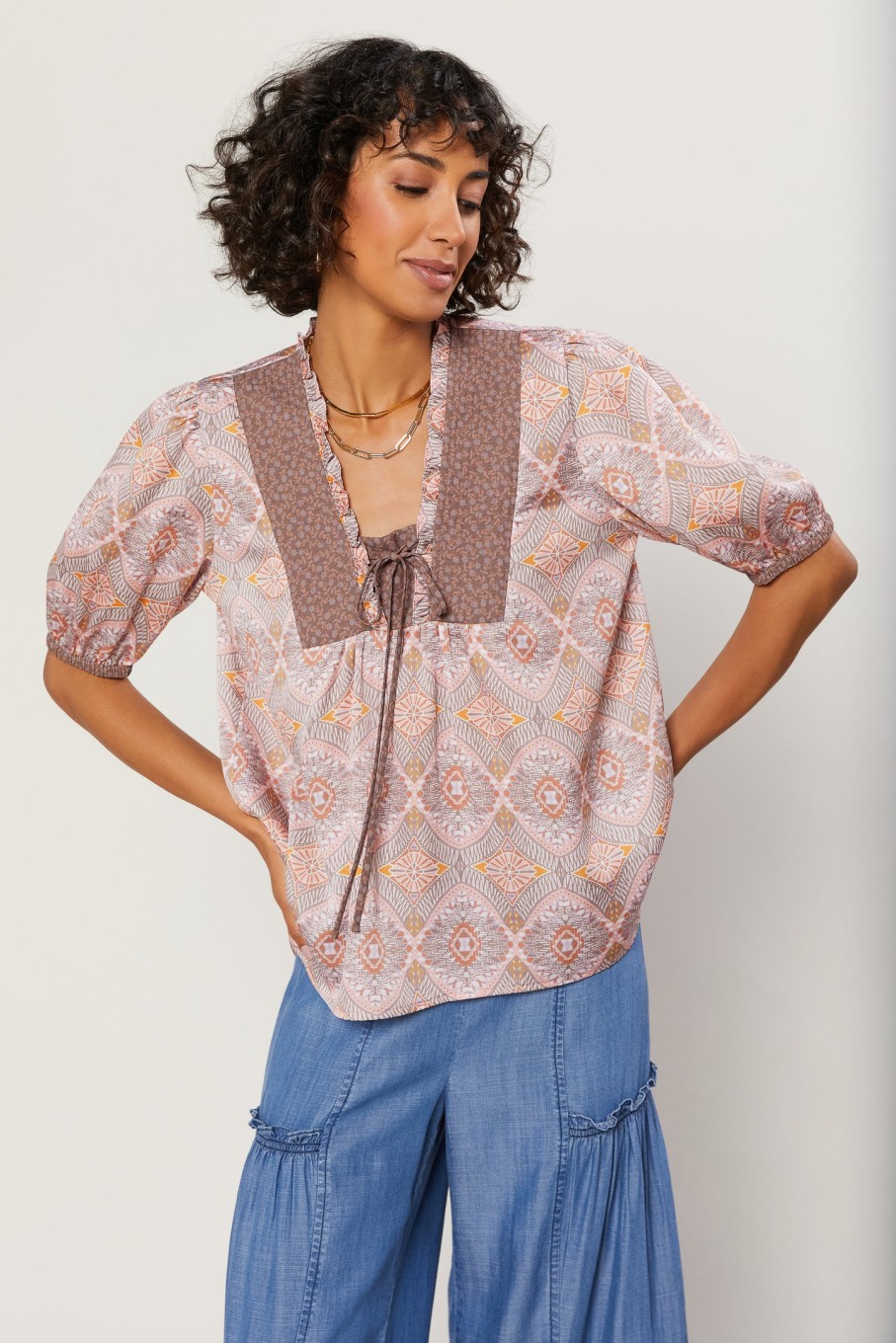 CURRENT AIR Quilt Contrast Motif Top Short Sleeve Tops