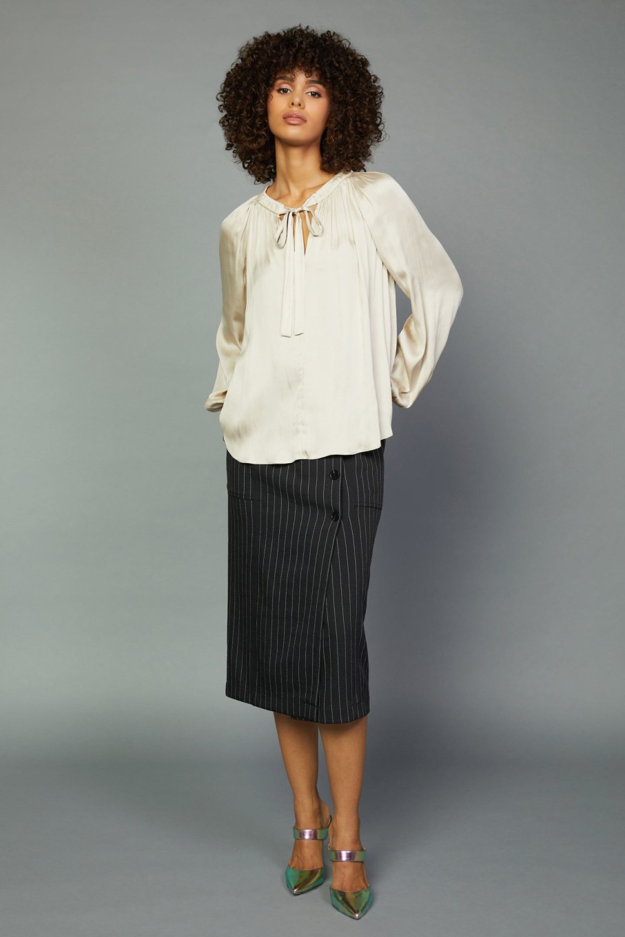 CURRENT AIR Gathered Bow Tie Blouse Long Sleeve Tops