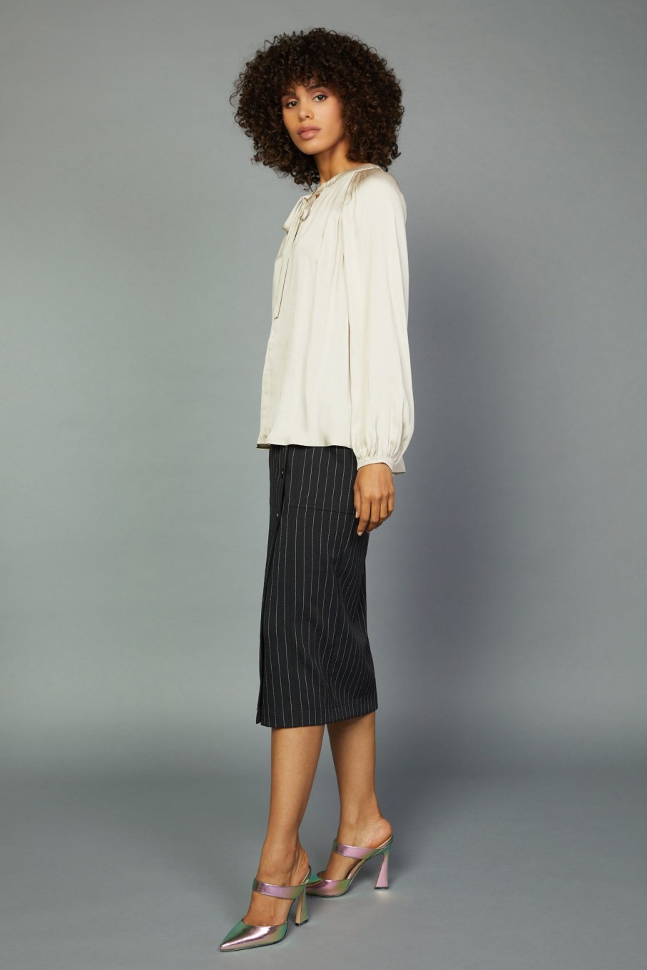 CURRENT AIR Gathered Bow Tie Blouse Long Sleeve Tops