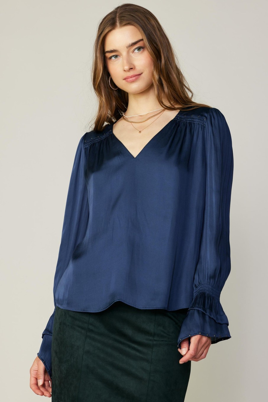 CURRENT AIR Layered Cuff Blouse Long Sleeve Tops