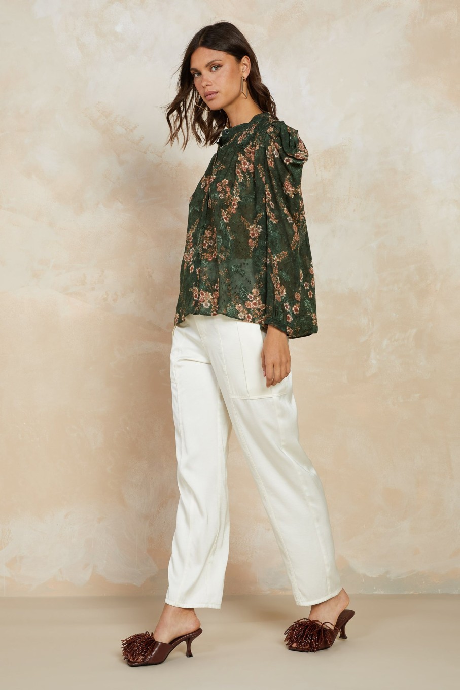 CURRENT AIR Forest Floral Split Neck Blouse Blouses