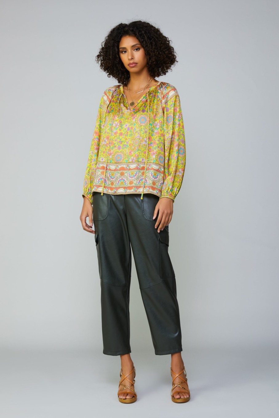 CURRENT AIR Floral Border Print Raglan Blouse Long Sleeve Tops