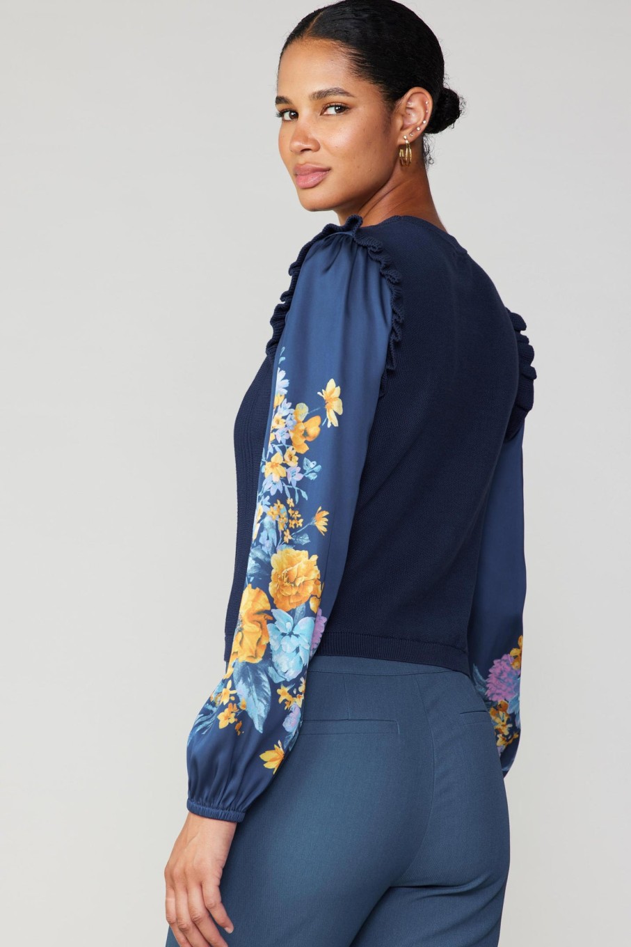 CURRENT AIR Floral Print Contrast Sweater Top Knitwear