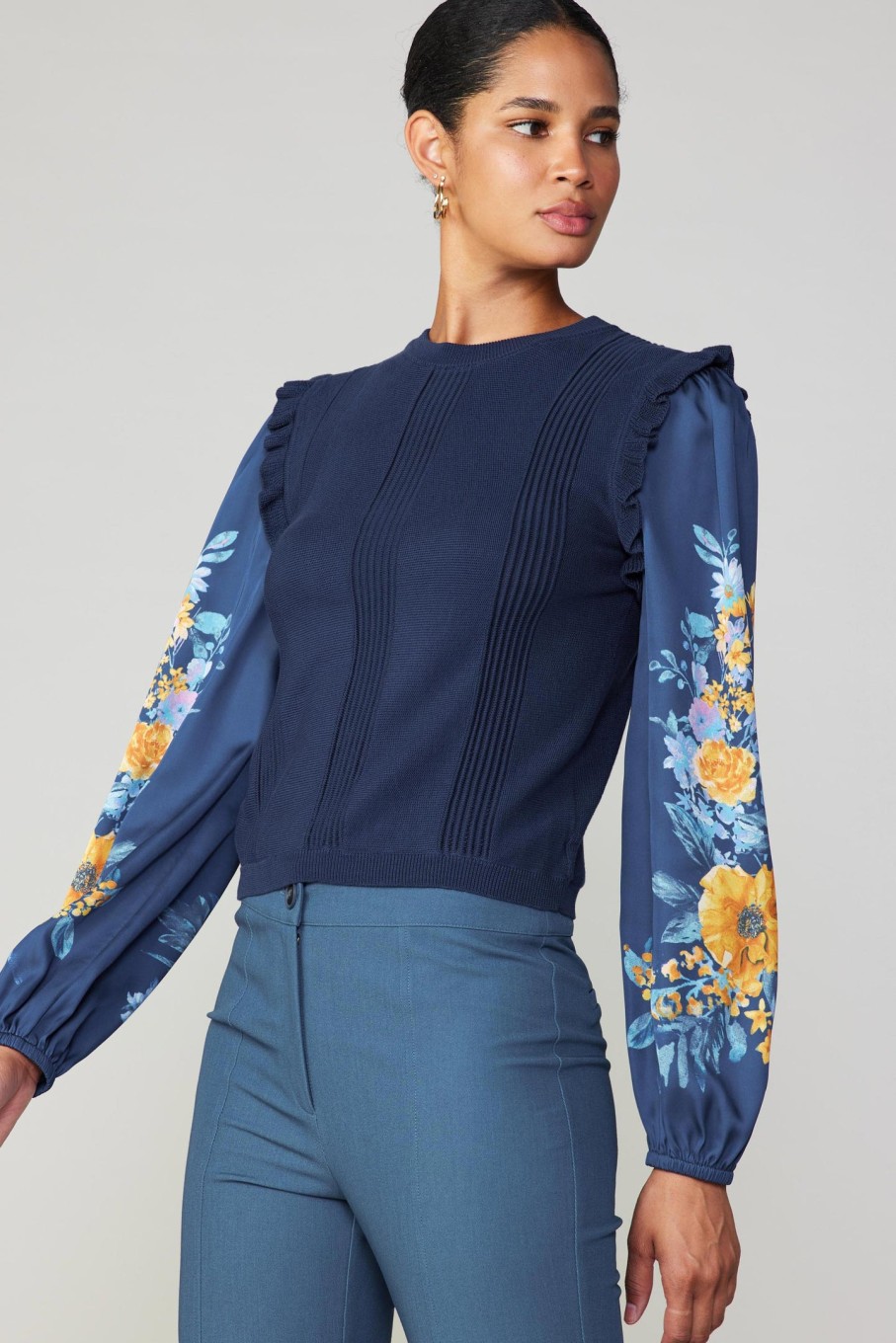 CURRENT AIR Floral Print Contrast Sweater Top Knitwear