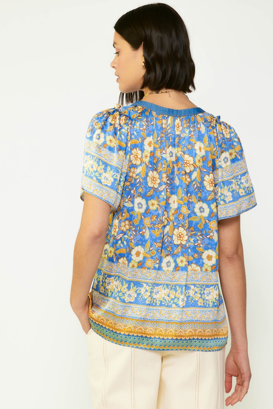 CURRENT AIR Floral Border Print Blouse Short Sleeve Tops