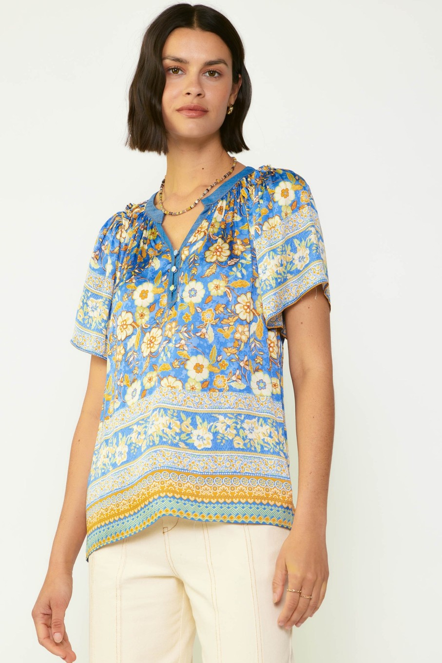 CURRENT AIR Floral Border Print Blouse Short Sleeve Tops
