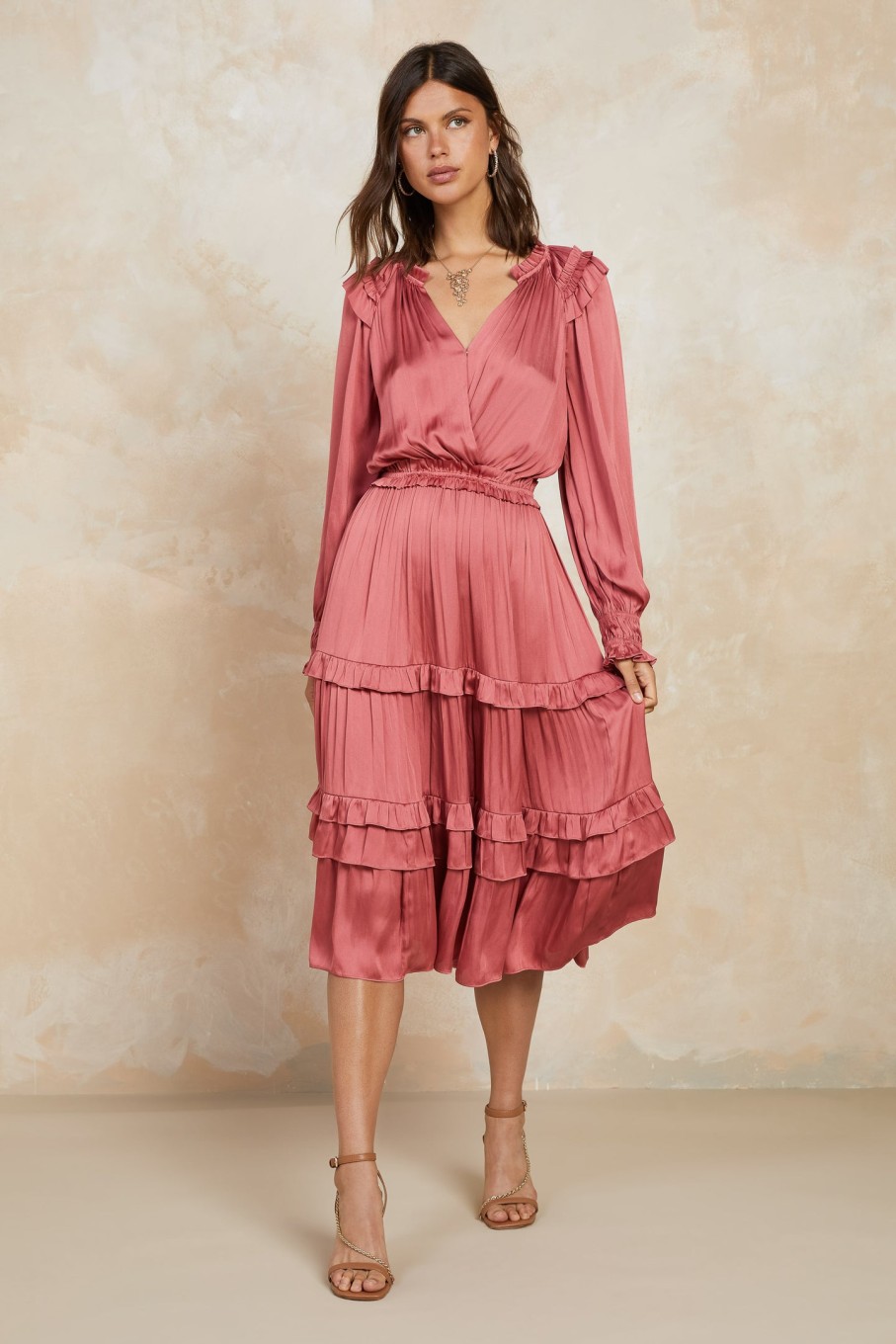 CURRENT AIR Surplice Ruffled Tiered Midi Dress Midi Dresses