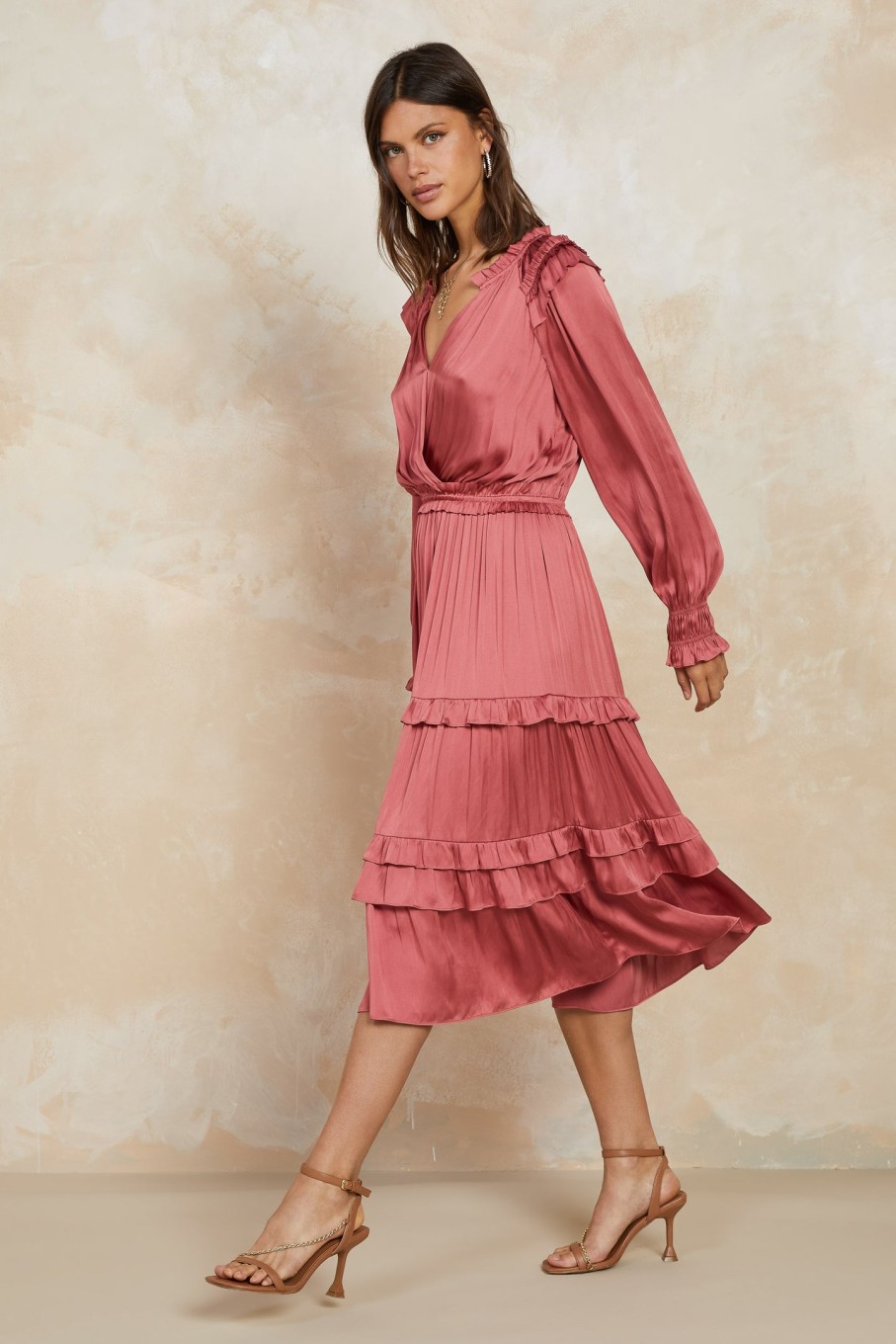 CURRENT AIR Surplice Ruffled Tiered Midi Dress Midi Dresses