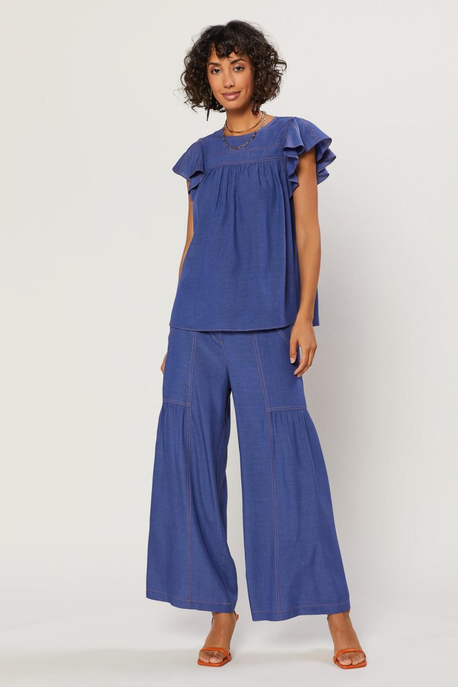 CURRENT AIR Indigo Ruffled Sleeve Top Short Sleeve Tops