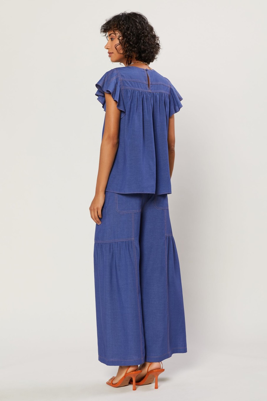CURRENT AIR Indigo Ruffled Sleeve Top Short Sleeve Tops