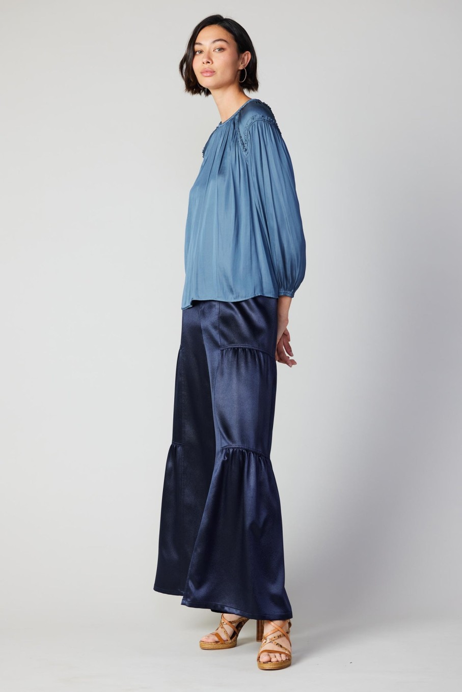 CURRENT AIR Round Neck Ruffled Top Long Sleeve Tops