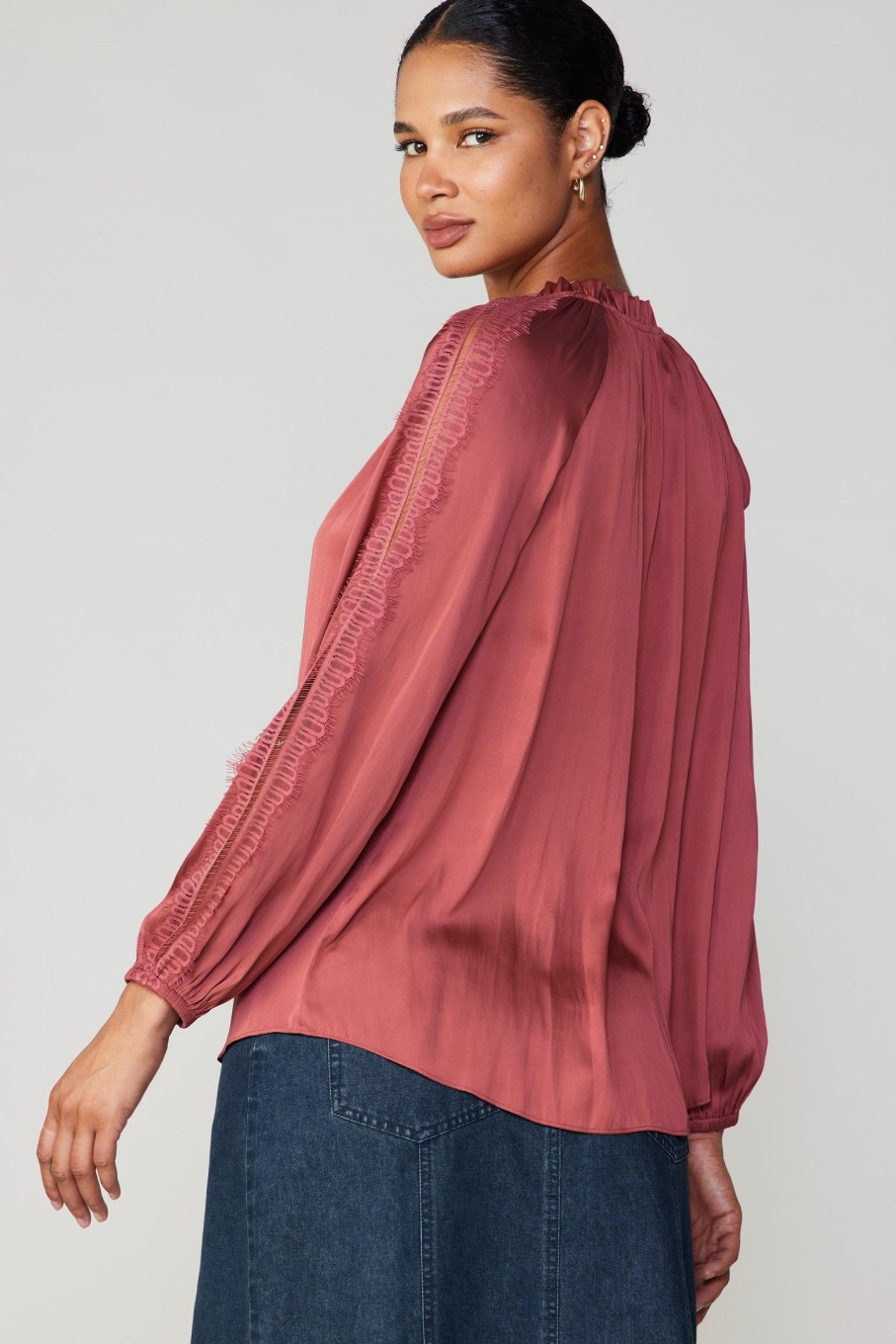 CURRENT AIR Lace Panel Blouse Long Sleeve Tops