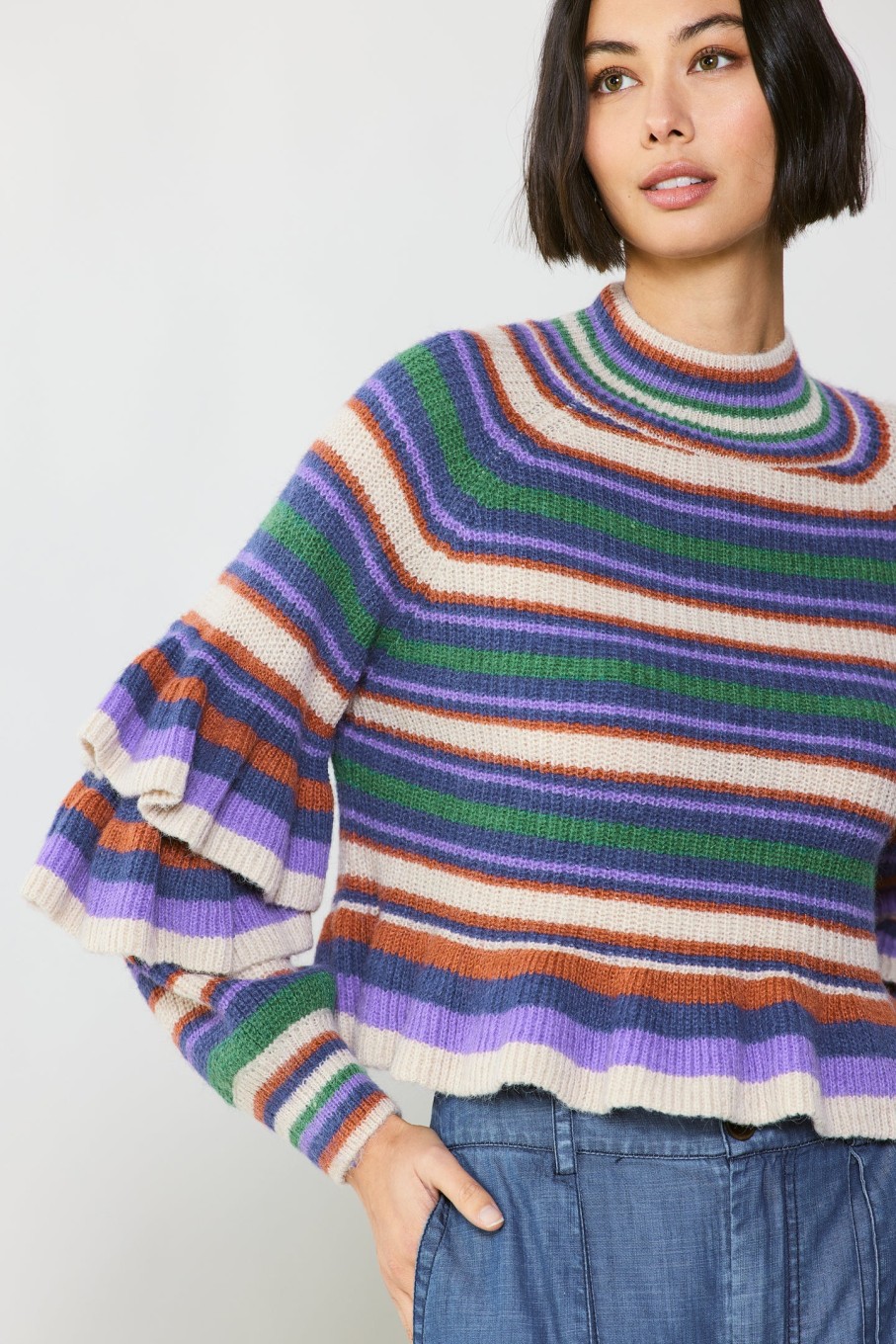 CURRENT AIR Striped Tiered Sleeve Sweater Knitwear