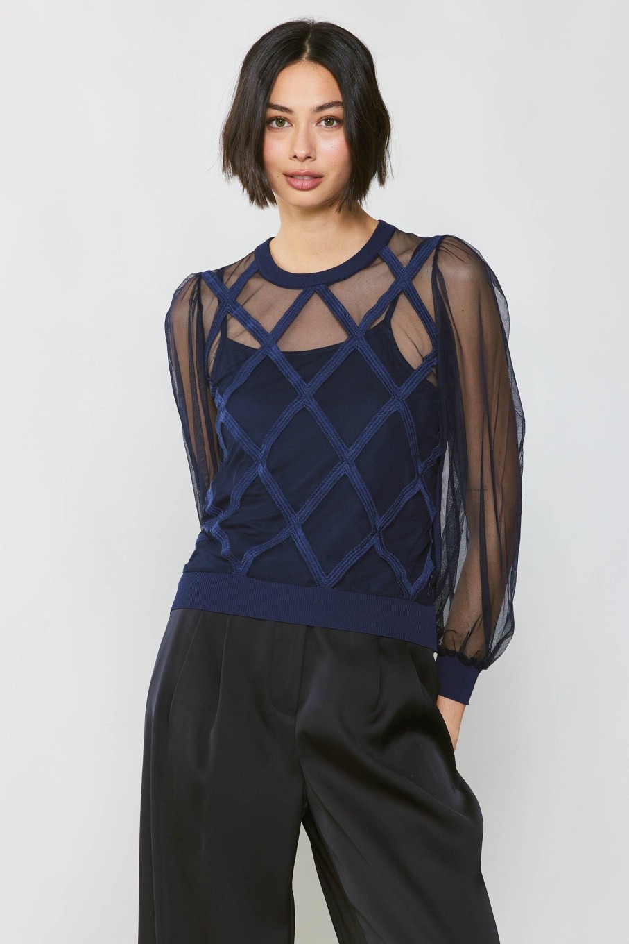 CURRENT AIR Sheer Crosshatch Cami-Lined Top Long Sleeve Tops