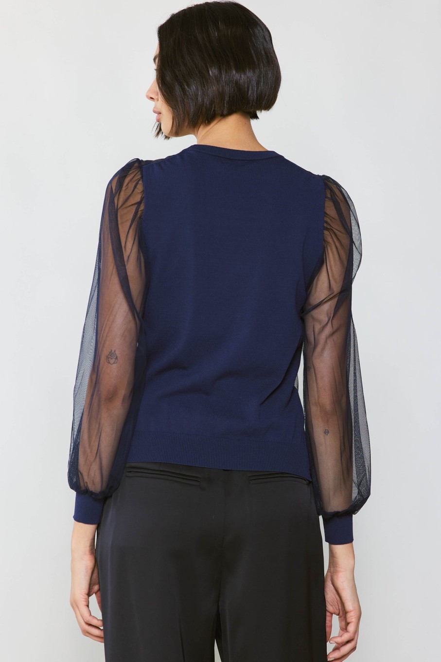 CURRENT AIR Sheer Crosshatch Cami-Lined Top Long Sleeve Tops
