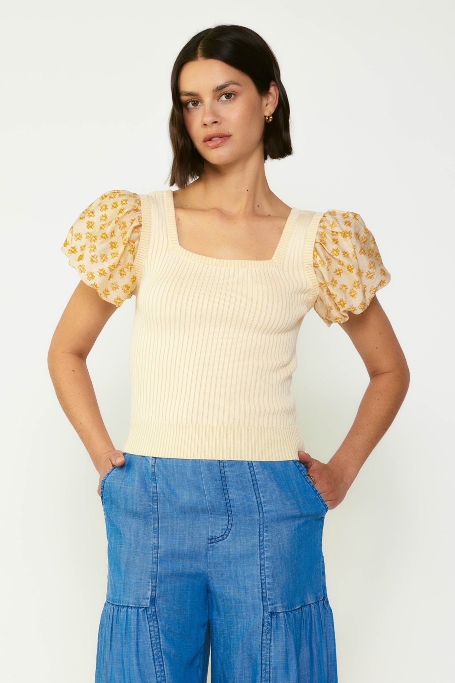 CURRENT AIR Constrast Puff Sleeve Sweater Top Short Sleeve Tops