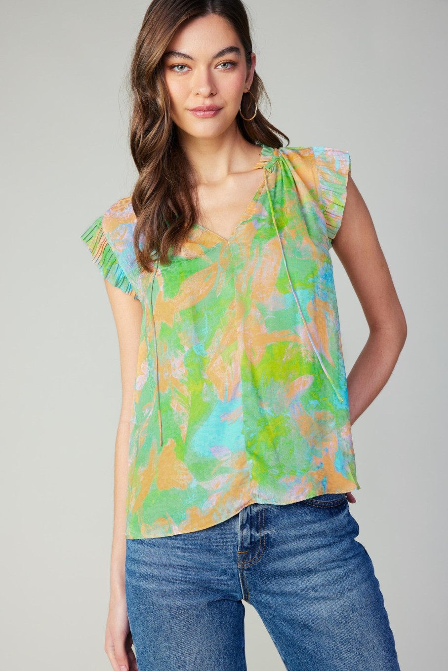 CURRENT AIR Margot Abstract Pleated Sleeve Blouse Blouses