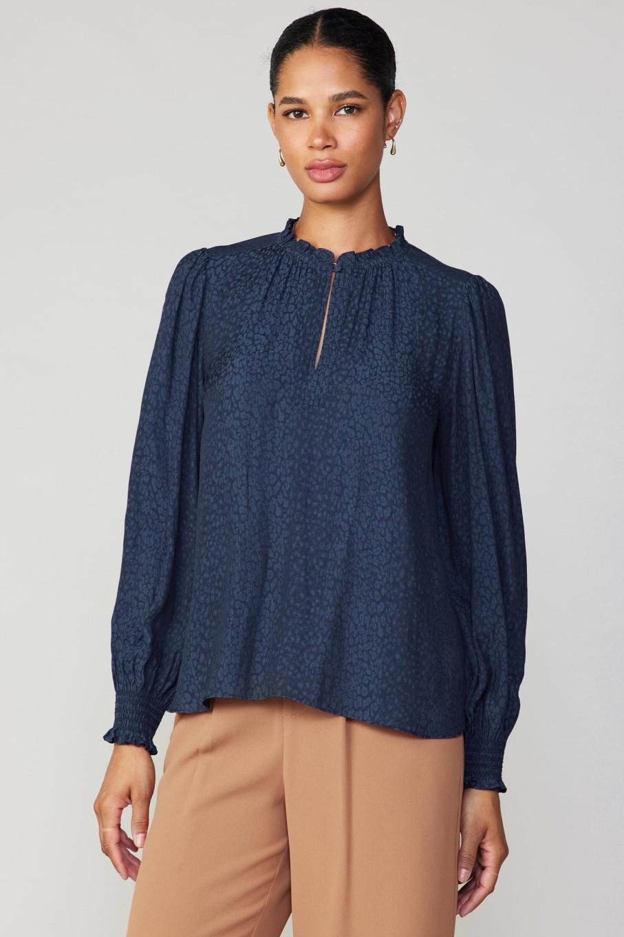 CURRENT AIR Jacquard Ruffled Neck Blouse Long Sleeve Tops