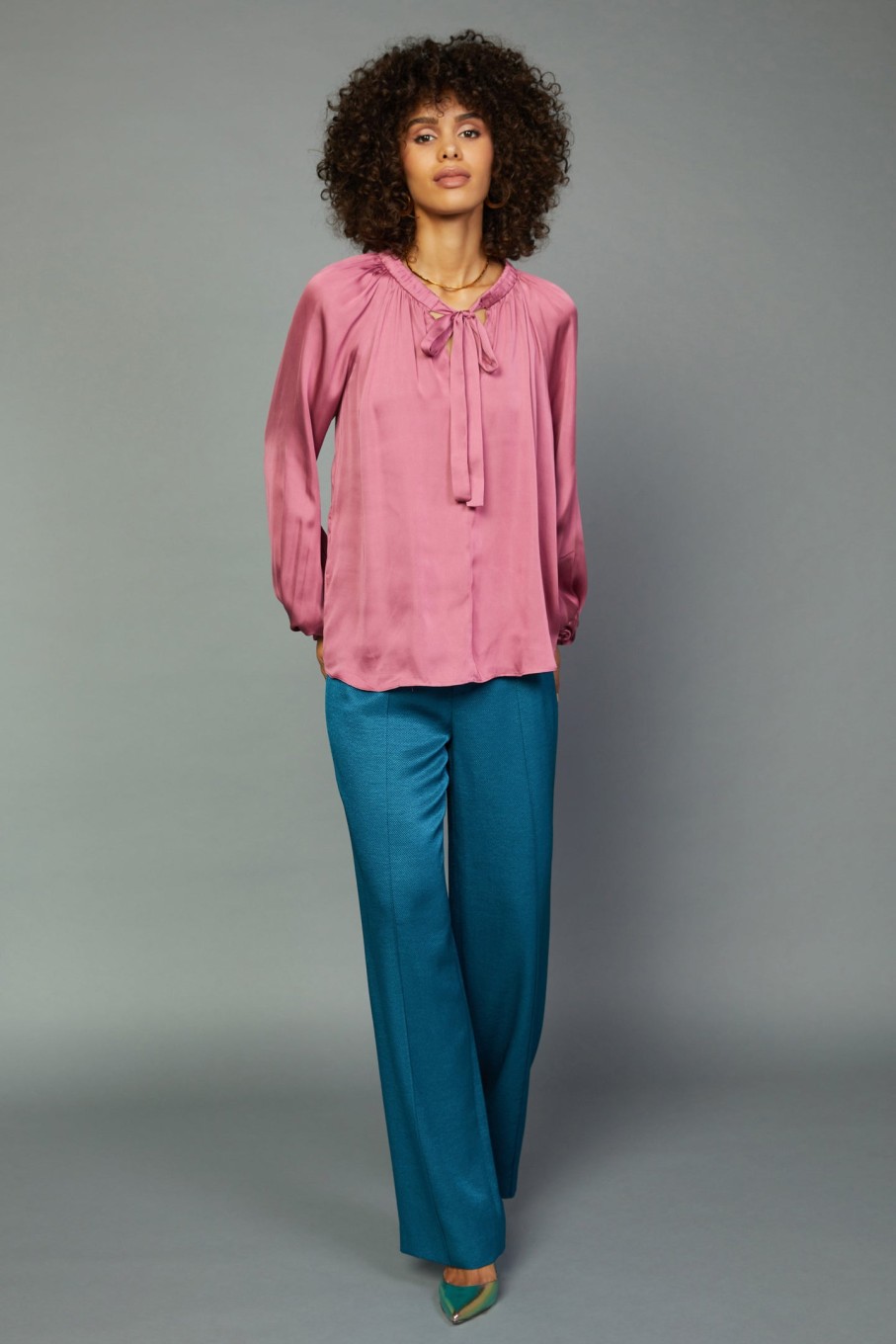 CURRENT AIR Gathered Bow Tie Blouse Long Sleeve Tops