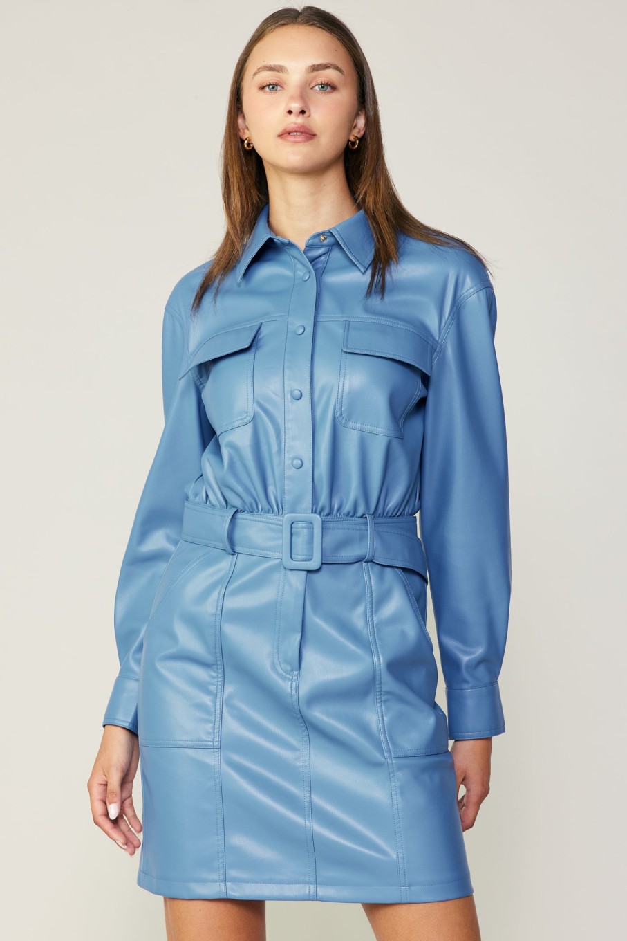 CURRENT AIR Vegan Leather Belted Shirt Dress Mini Dresses