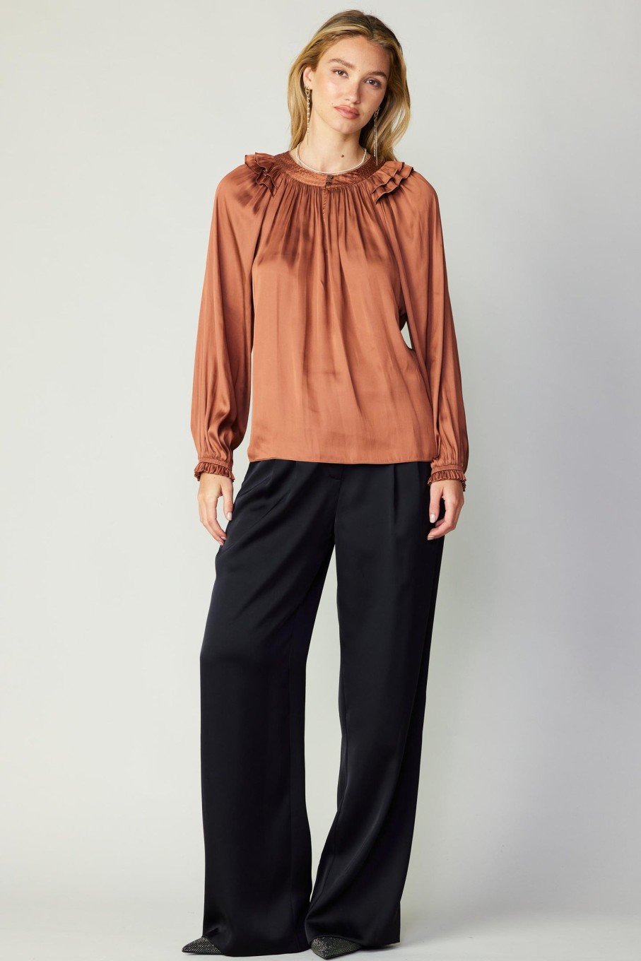 CURRENT AIR Ruffled Crewneck Blouse Long Sleeve Tops