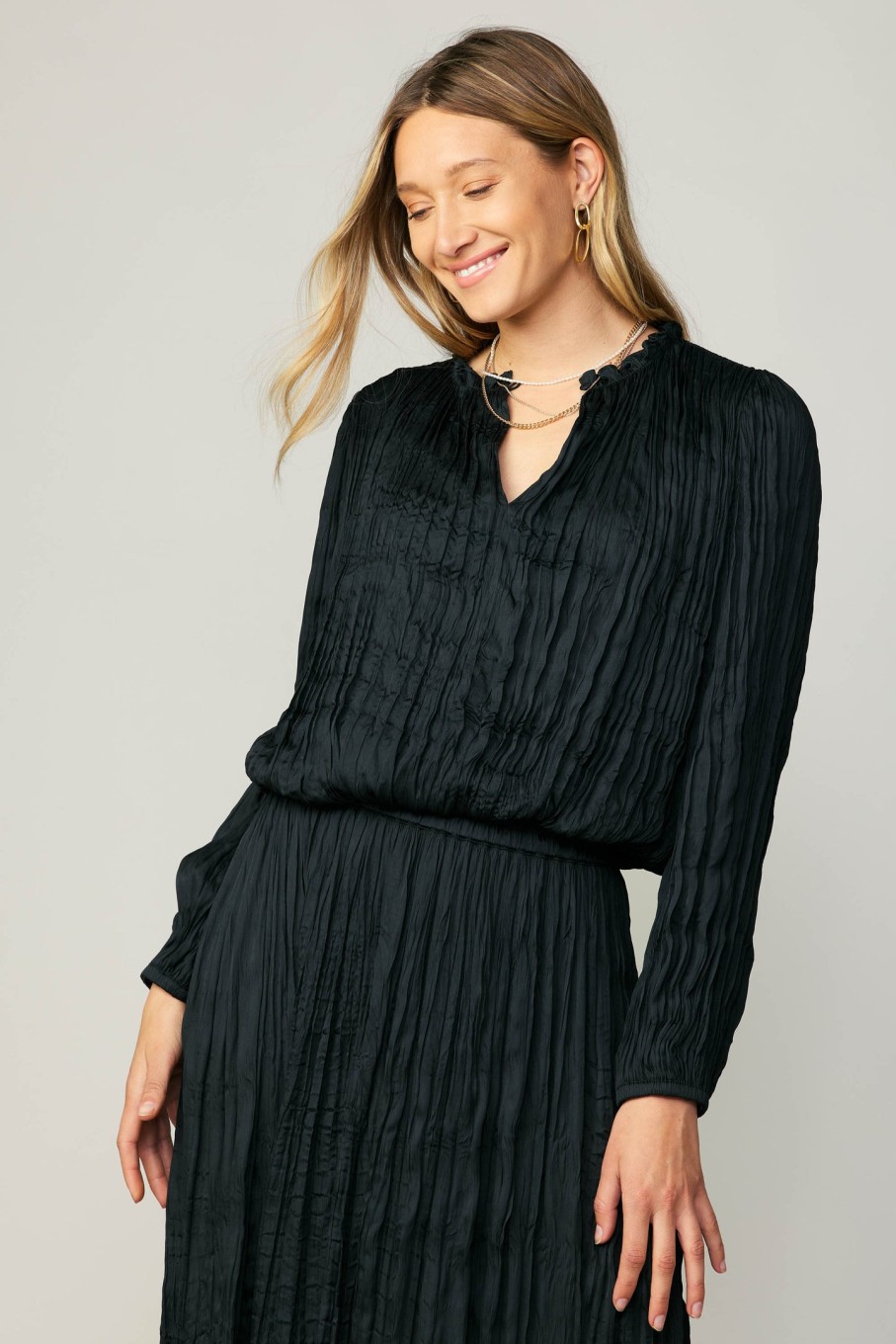 CURRENT AIR Crinkle Plisse Blouse Long Sleeve Tops