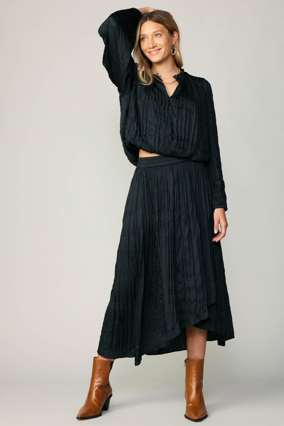 CURRENT AIR Crinkle Plisse Blouse Long Sleeve Tops