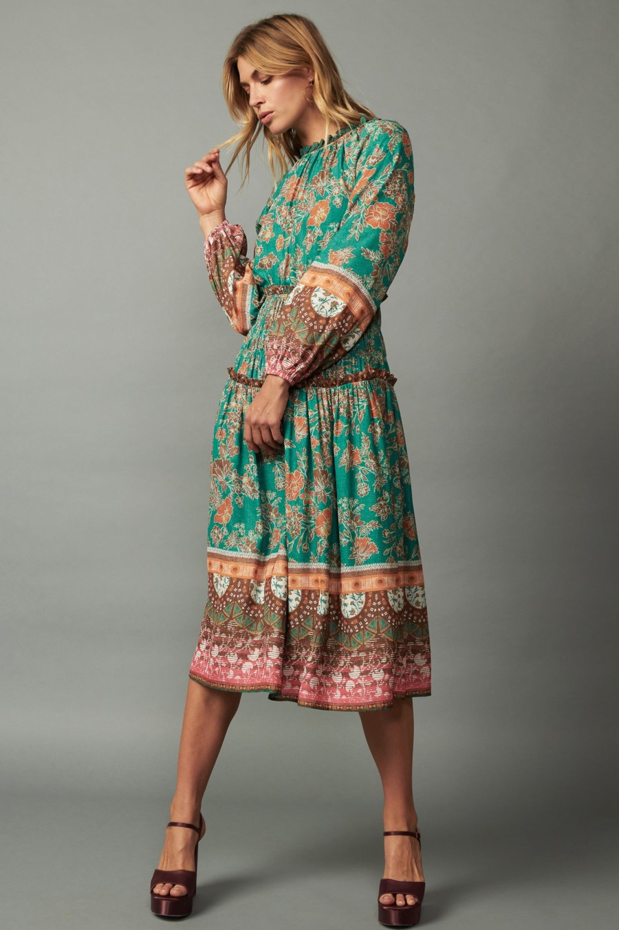CURRENT AIR Border Multi Print Midi Dress Midi Dresses