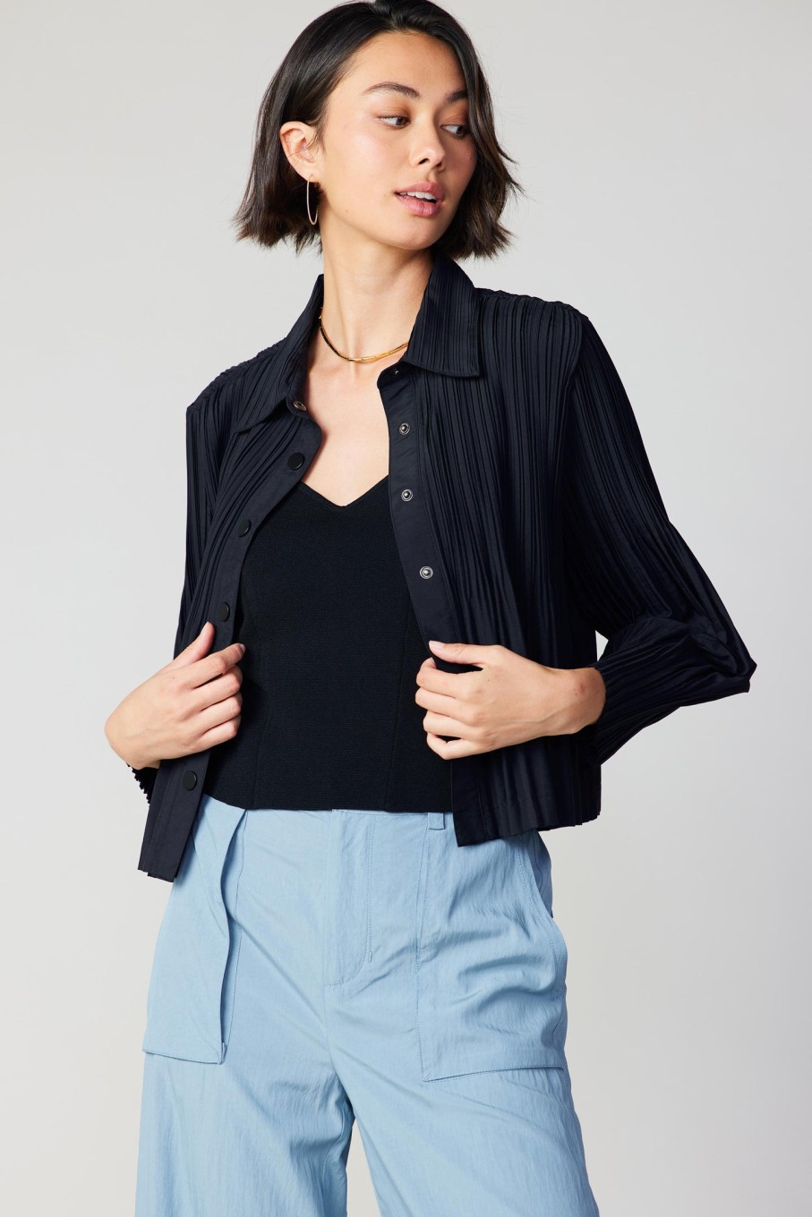CURRENT AIR Button Down Pleated Top Long Sleeve Tops